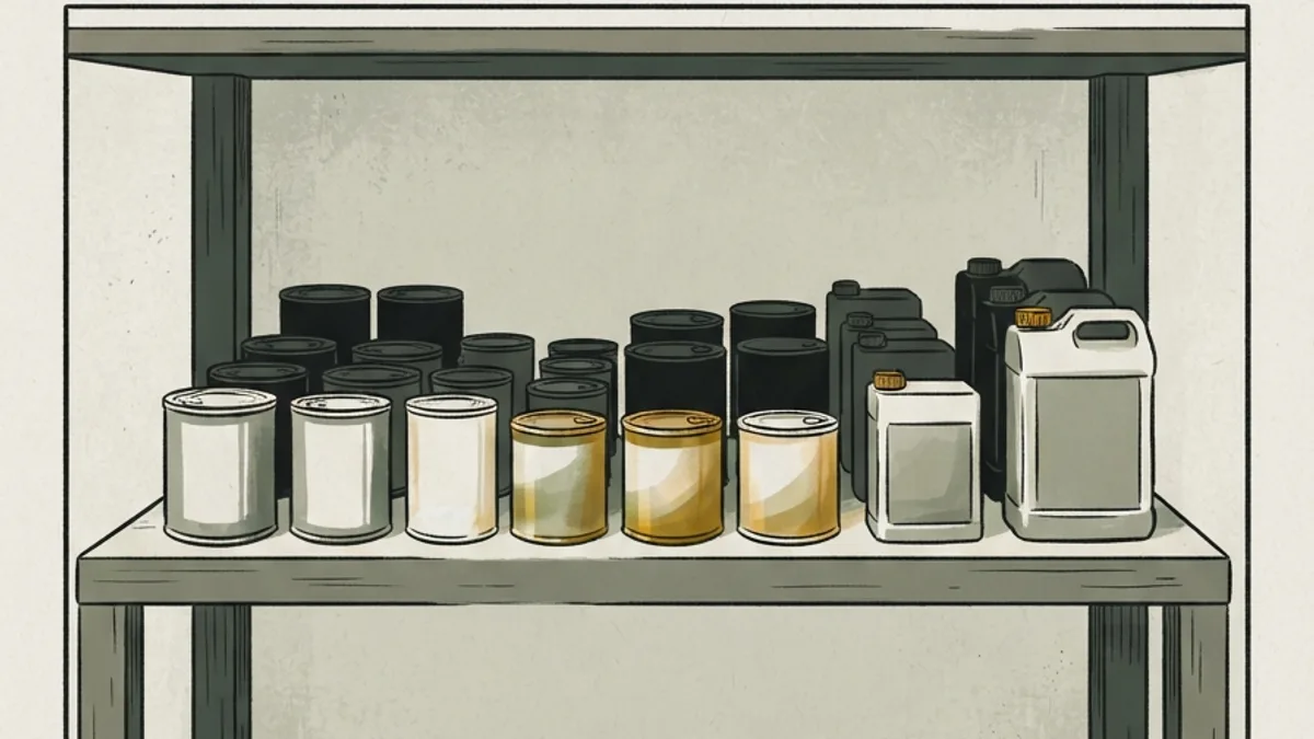 Półka z pojemnikami bez etykiet; te z przodu w cieplejszym odcieniu niż te z tyłu